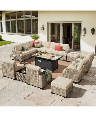Xizzi15 Piece Outdoor Patio Furniture Sets with Fire Pit Table,Wicker Sectional Sofa Swivel Chairs,Solar Powered Coffee Table and Ottoman