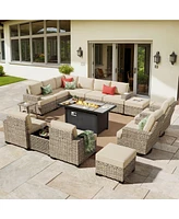 Xizzi15 Piece Outdoor Patio Furniture Sets with Fire Pit Table,Wicker Sectional Sofa Swivel Chairs,Solar Powered Coffee Table and Ottoman