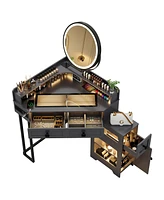 Vlsrka Farmhouse-style dressing table with mirror and lights, featuring a glass top.