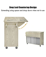 Casainc 51.2" Solid Wood Kitchen Island with Drop Leaf, Handwoven Finish, Storage and Wheels