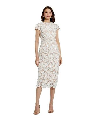 Mac Duggal Women's Floral Lace Fitted Short Sleeve Midi Dress