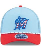 New Era Men's Light Blue/Red Miami Marlins 2025 Fourth of July 9FORTY A-Frame M-Crown Adjustable Trucker Hat