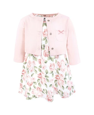 Hudson Baby Girls Cotton Dress and Cardigan Set, Blush Pink Floral