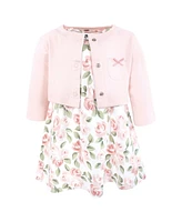 Hudson Baby Girls Cotton Dress and Cardigan Set, Blush Pink Floral