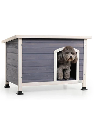 Small Wooden Outdoor Dog House, Waterproof Roof, Elevated Floor, Grey