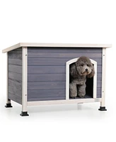 Small Wooden Outdoor Dog House, Waterproof Roof, Elevated Floor, Grey