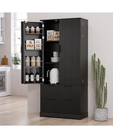 Streamdale Furniture 72" Fluted Pantry Cabinet with Drawers & Spice Rack - Black