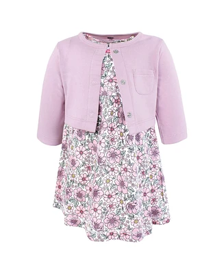 Hudson Baby Girls Cotton Dress and Cardigan Set, Pink Purple Pretty Floral