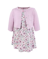 Hudson Baby Girls Cotton Dress and Cardigan Set, Pink Purple Pretty Floral