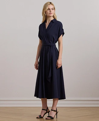 Lauren Ralph Women's Self-Belt Roll-Tab Sleeve Surplice Crepe Dress