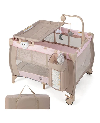 Costway Kids Portable Playard Nursery Center Crib with Hanging Toys & Music Box Unisex 0-3 Years