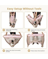 Costway Kids Portable Playard Nursery Center Crib with Hanging Toys & Music Box Unisex 0-3 Years