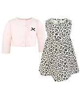 Hudson Baby Infant and Toddler Girls Cotton Dress Cardigan Set, Leopard Hearts