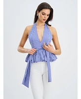 Miss Circle Women's Ilene Blue and White Checkered Bubble Hem Halter Top