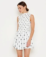 Modenaire Women's Sleeveless Smocked High Neck Embroidered Mini Dress