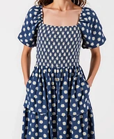 Modenaire Women's Smocked Puff-Sleeve Tiered Midi Dress with Pockets