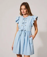 Modenaire Women's Sleeveless Ruffle Bow-Tie Front Drawstring Mini Dress