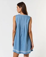 Modenaire Women's Sleeveless Embroidered Trim Tie Front Mini Dress