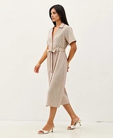 Modenaire Women's Striped Collared Waist Tie Button-Down Midi Dress