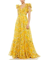 Mac Duggal Women's Ruffle Tiered Floral Cut-Out Chiffon Gown