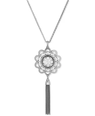 Lucky Brand Silver-Tone Floral Tassel Long Length Pendant Necklace