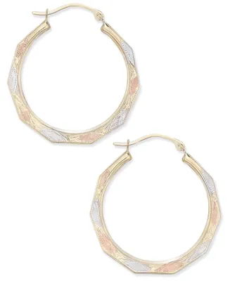 Tri-Color Decorative Hoop Earrings in 10k White, Yellow, and Rose Gold - Tri