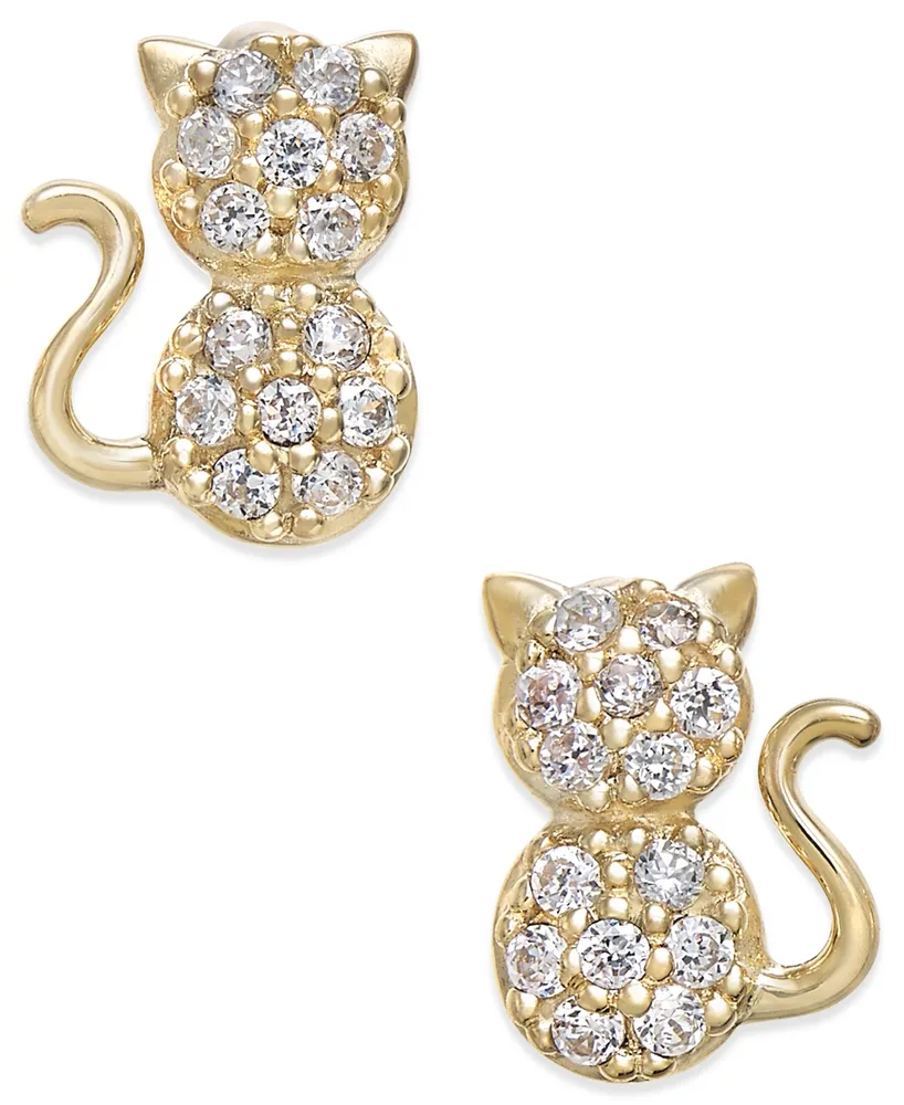 Cubic Zirconia Kitty Cat Stud Earrings in 10k Gold