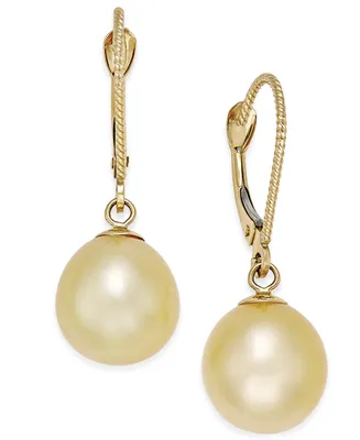 Cultured Oval Golden South Sea Pearl (9mm) Drop Earrings in 14k Gold