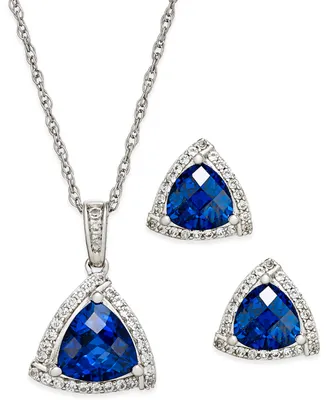 Lab-Grown Blue Sapphire (3 ct. t.w.) and White Sapphire (1/3 ct. t.w.) Pendant Necklace and Matching Stud Earrings Set, in Sterling Silver