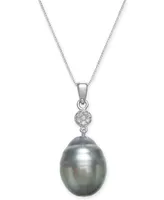 Cultured Black Tahitian Pearl (12 mm) and Diamond Accent Pendant Necklace in 14k White Gold