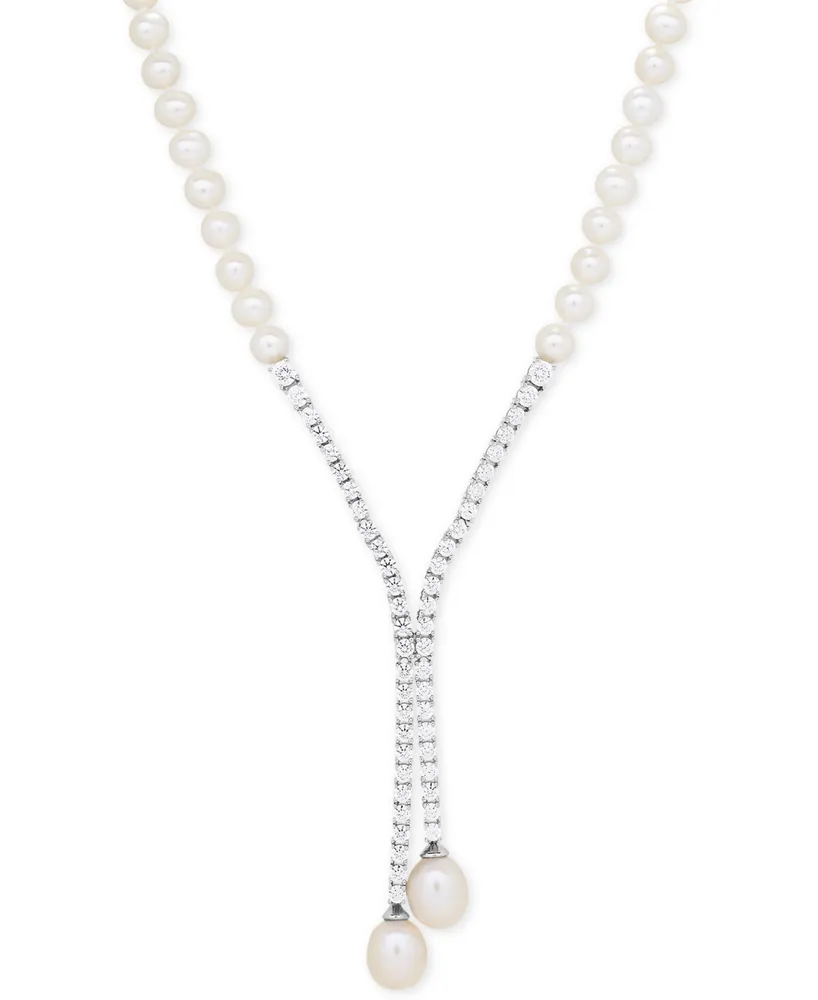 Arabella Cultured Freshwater Pearl (5mm & 10 x 8mm) & Cubic Zirconia Lariat Necklace in Sterling Silver, Created for Macy's