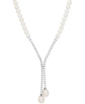 Arabella Cultured Freshwater Pearl (5mm & 10 x 8mm) & Cubic Zirconia Lariat Necklace in Sterling Silver, Created for Macy's