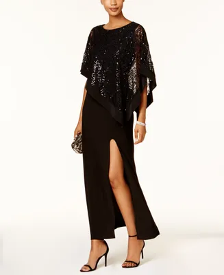 R & M Richards Sequined Lace Cape Gown