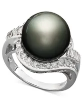 14k White Gold Ring, Cultured Tahitian Pearl (12mm) and Diamond (5/8 ct. t.w.) Ring