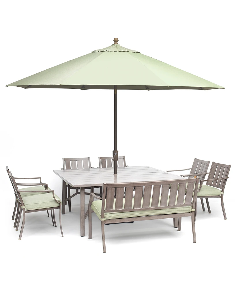 Wayland Outdoor Aluminum 8-Pc. Dining Set (64" Square Dining Table, 6 Dining Chairs & 1 Bench) with Sunbrella Cushions, Created for Macy's