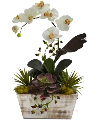 Nearly Natural Orchid & Artificial Succulent Garden with White-Washed Planter