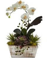 Nearly Natural Orchid & Artificial Succulent Garden with White-Washed Planter