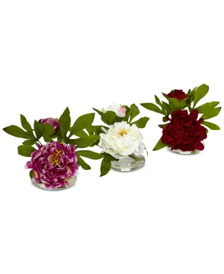 Nearly Natural 3-Pc. Peony Set with Glass Vases