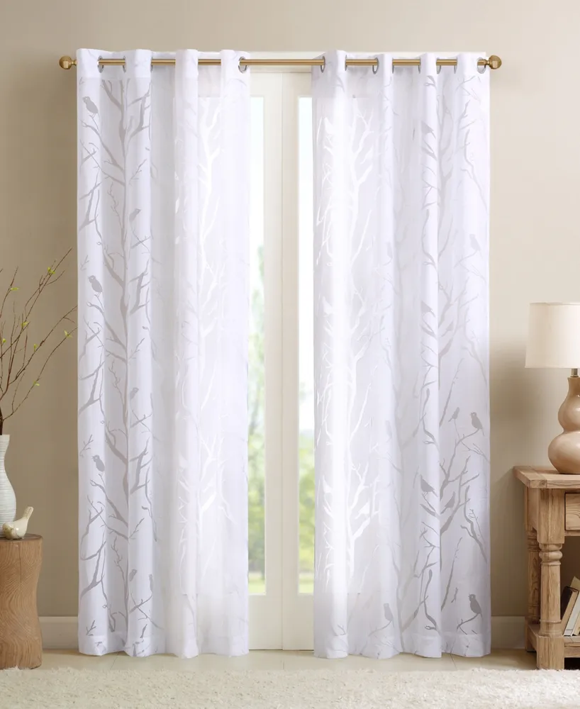 Madison Park Averil Grommet Top Sheer Window Curtain, grey sheer curtains 84 inches long Single Curtain, Width 50 Bird on Branches Burnout curtains sh