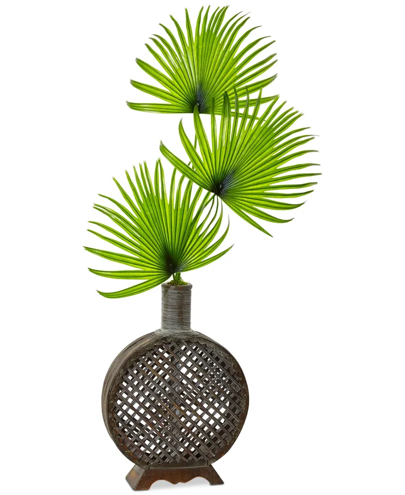 Nearly Natural Artificial Fan Palm Arrangement in Open Weave Vase