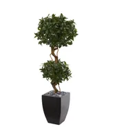 Nearly Natural 4.5' Sweet Bay Double Topiary Artificial Tree in Black-Washed Planter