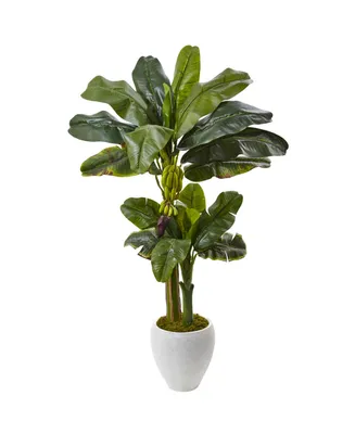 Nearly Natural 5' Banana Double-Stalk Artificial Tree in White Planter