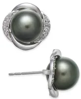 Cultured Tahitian Pearl (8mm) & Diamond (1/8 ct. t.w.) Stud Earrings in 14k White Gold