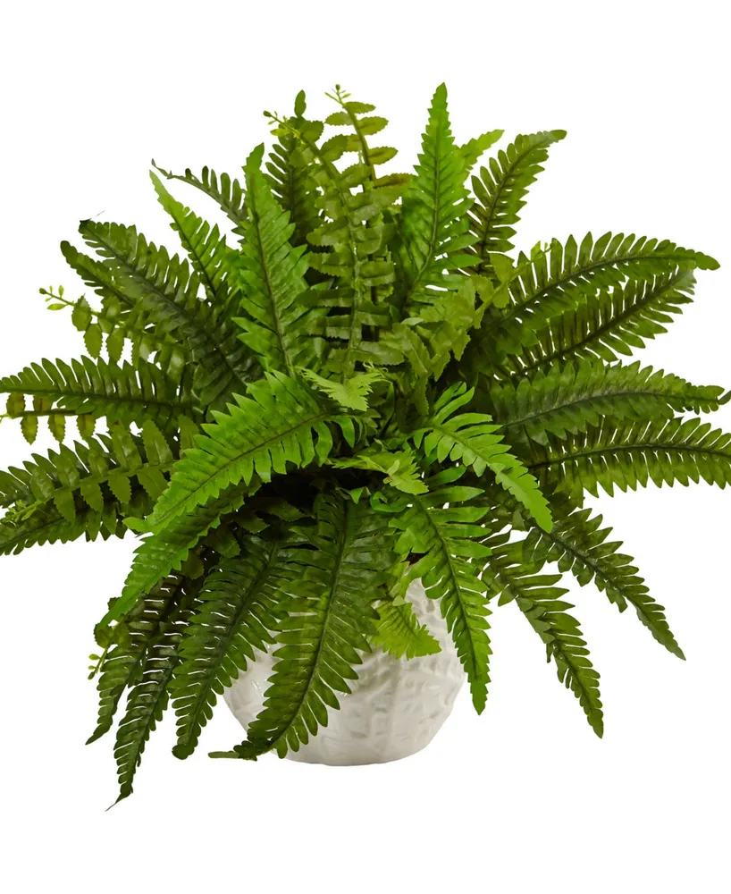 Nearly Natural Boston Fern Artificial Plant in White Planter