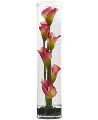 Nearly Natural 18" Mini Calla Lily Artificial Arrangement in Cylinder Glass Vase