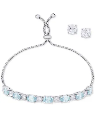 Simulated Aquamarine Slider Bracelet & Cubic Zirconia Stud Earrings Set In Silver-Plate, March Birthstone