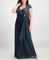 B&A by Betsy & Adam Plus Sequined-Lace Ruched Gown