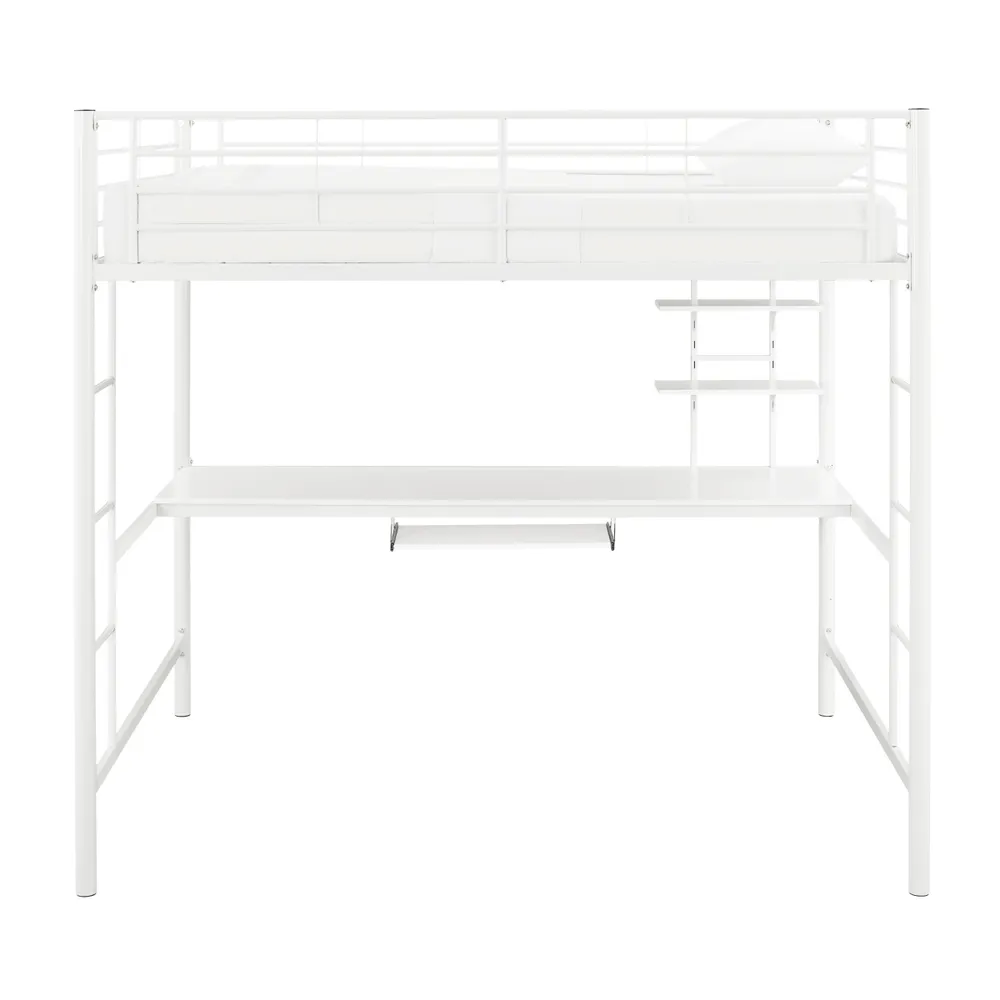 Premium Metal Full Size Loft Bed with Wood Workstation - White