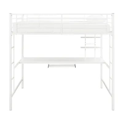 Premium Metal Full Size Loft Bed with Wood Workstation - White