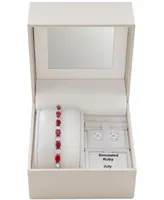 Simulated Ruby Slider Bracelet & Cubic Zirconia Stud Earrings Set In Silver-Plate, July Birthstone